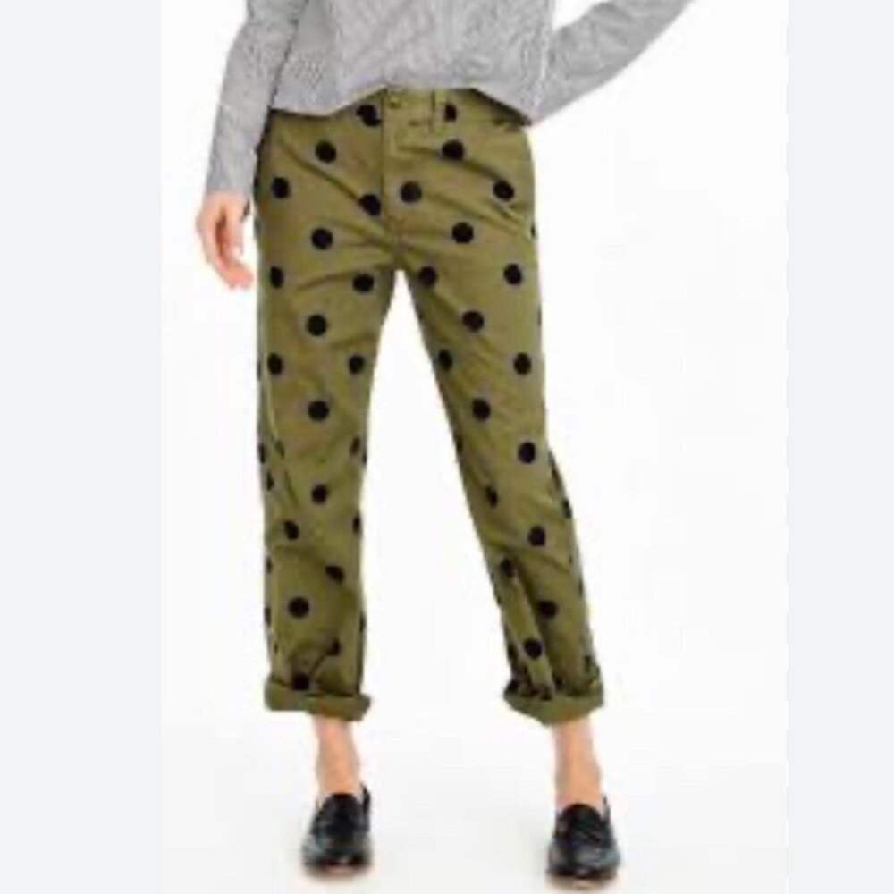 J. Crew Chinos 14 Olive Green & Black Polka Dot Size 14